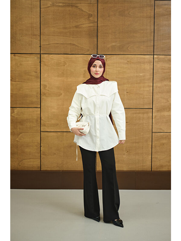 Locco Moda Kadın Roba Detaylı Kemerli Regular Poplin Gömlek Beyaz