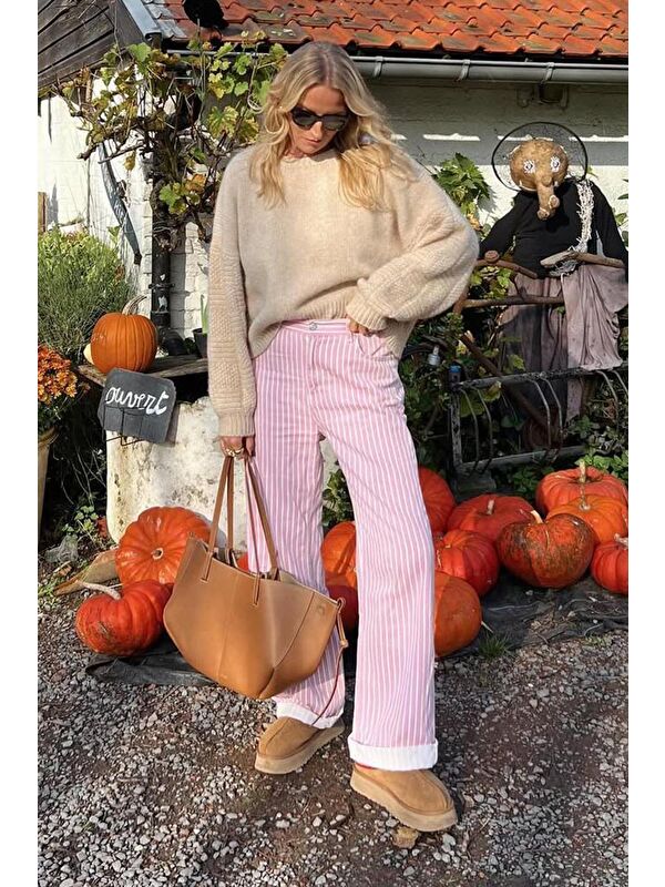 Madmext Pembe Çizgili Kadın Jean Pantolon Mg2463