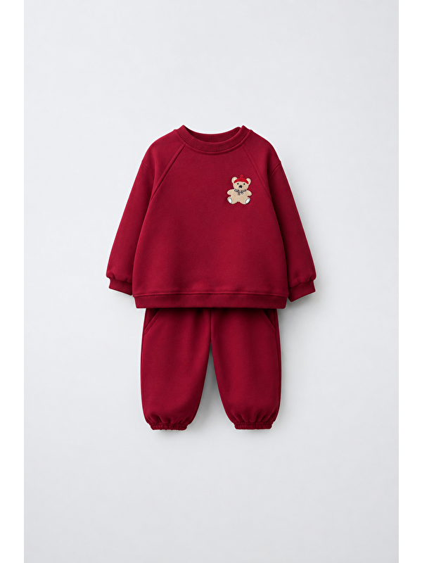 Magu Çocuk Pamuklu Ayıcık Nakışlı Bordo Sweatshirt Ve Eşofman Altı Takımı
