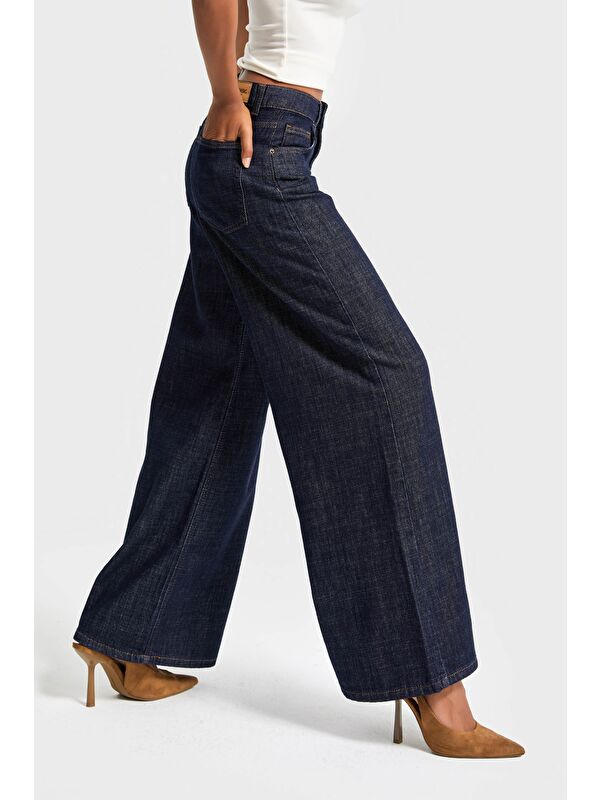 It's Basic Kadın İndigo Renk 7w5-50 Palazzo Fit %100 Pamuk Dökümlü Kumaş Denim Jean
