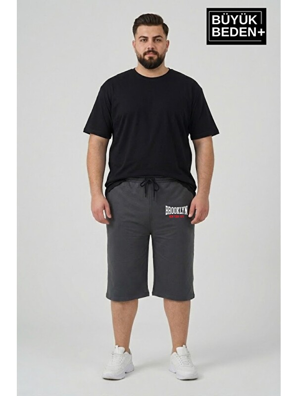 Süperlife Büyük Beden Erkek 3XL-6XL Rahat Kalıp Cepli Brooklyn 1970 Baskılı Penye Kapri Şort SPR26BSR591-03