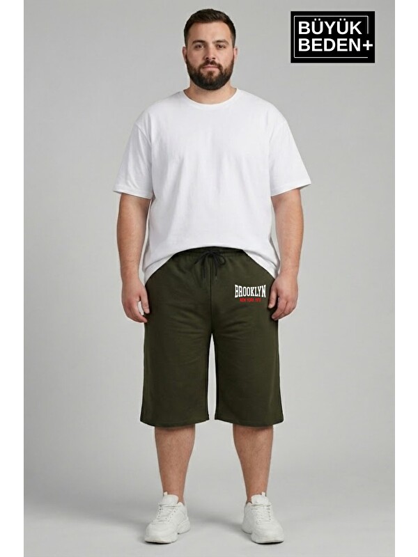 Süperlife Büyük Beden Erkek 3XL-6XL Rahat Kalıp Cepli Brooklyn 1970 Baskılı Penye Kapri Şort SPR26BSR591-03