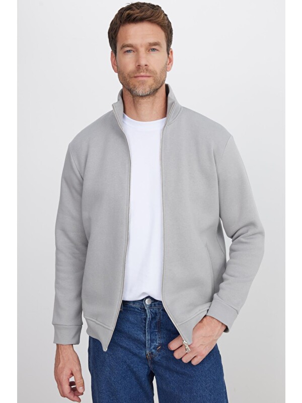 TUDORS Unisex Relax Fit Rahat Kesim Pamuklu İçi Polarlı Fermuarlı Gri Dik Yaka Flato Cepli Sweatshirt Hırka