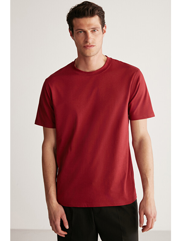 GRIMELANGE RUDY Erkek %100 Organik Pamuk Nefes Alan İç Göstermeyen Bisiklet Yaka Basic BORDO T-Shirt