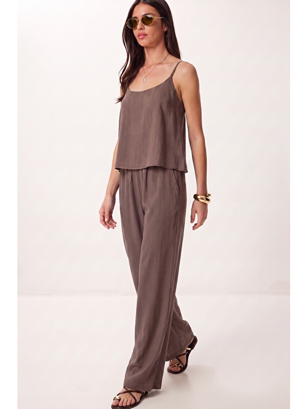 Happiness İstanbul Askılı Modal Bluz Pantolon Takım VİZON LRV0108