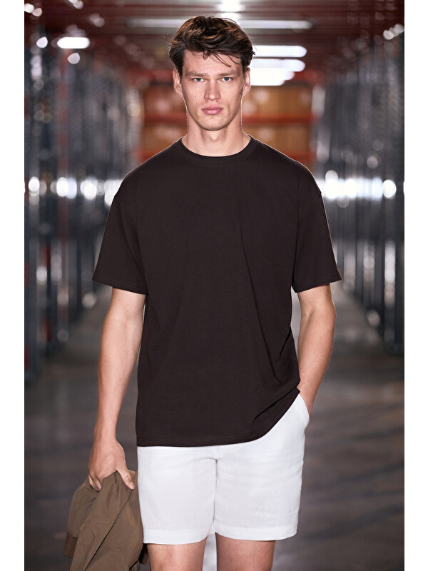 GRIMELANGE JETT Erkek Oversize Fit %100 organik Pamuk Kalın Dokulu Bisiklet Yakalı ÇİKOLATA KAHVE T-Shirt