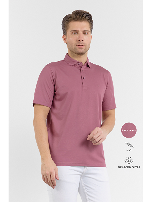 İMZA Pembe İtalyan Yaka Kısa Kol Cepsiz Comfort Fit Esnek Tişört 1011260156
