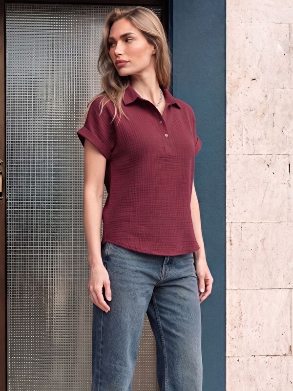 Trendseninle Kadın Müslin Yakalı Patlı Yarım Düğme Gömlek Bordo