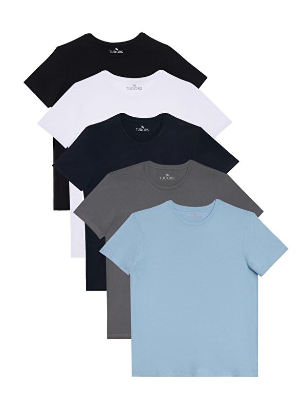 TUDORS Unisex 5'Li Pkt Siyah-Beyaz-Lacivert-K.Gri-A.Mavi Slim Fit Dar Kesim %100 Pamuk Bisiklet Yaka Tişört
