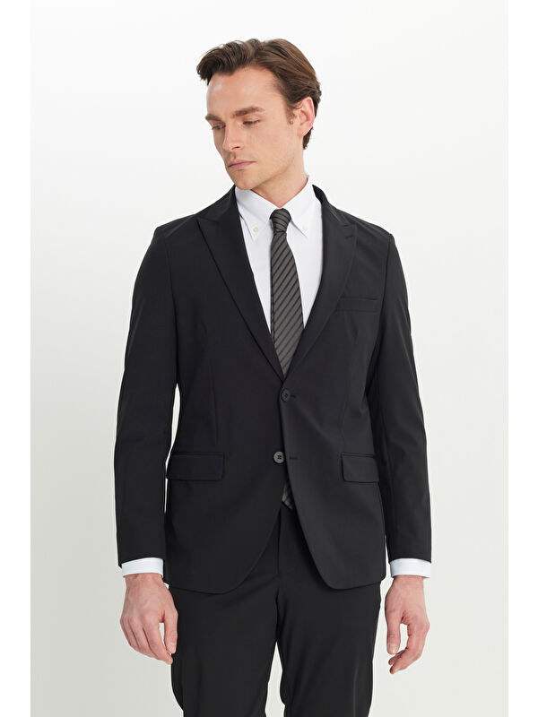Altınyıldız Classics Erkek Siyah Slim Fit Dar Kesim Mono Yaka Kapak Cepli Esnek Takım Elbise