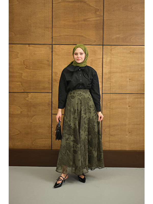 Locco Moda Kadın Çiçek Desen Astarlı Şifon Etek Yeşil