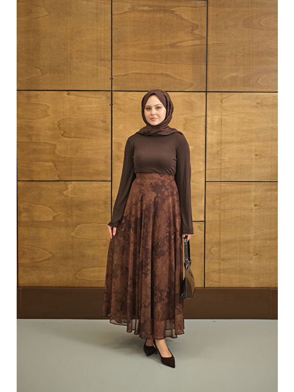 Locco Moda Kadın Çiçek Desen Astarlı Şifon Etek Kahverengi