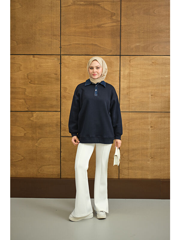 Locco Moda Kadın Yakası Jean Detay Sweat Lacivert