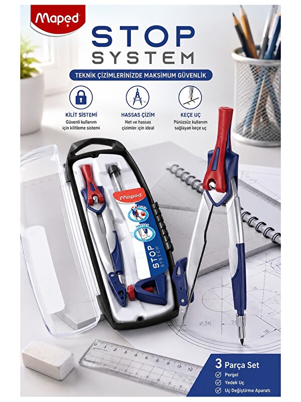 Maped Metal Pergel Seti 1 Adet 196100 Stop System Profesyonel Pergel Çizim Proje Matematik Geometri