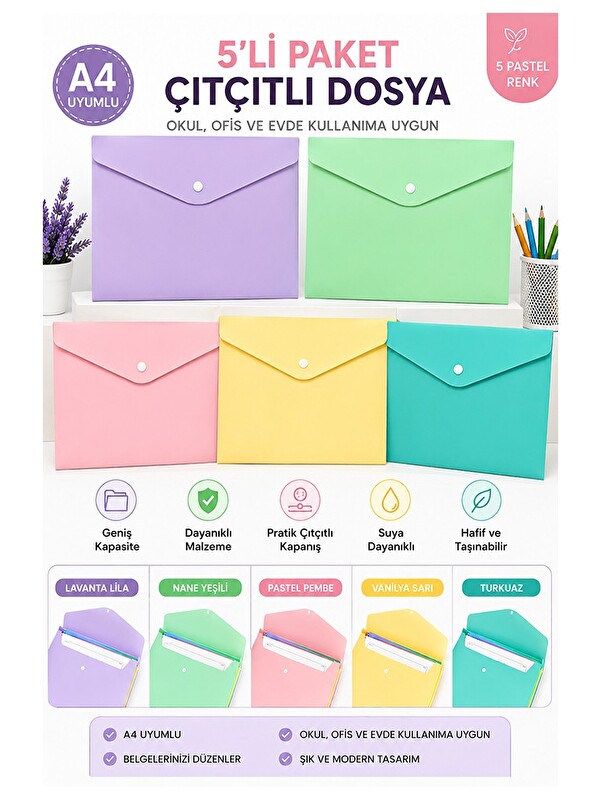 artmaster Çıtçıtlı Dosya 5 Renk Pastel A4 1 Paket Dosy Plastik Renkli Zarf Dosya