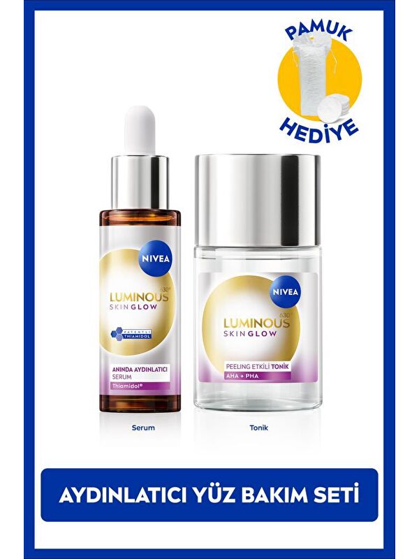 NIVEA Luminous630 Skin Glow Anında Aydınlatıcı Serum 30ml ve Peeling Etkili Tonik 100ml, Pamuk Hediyeli