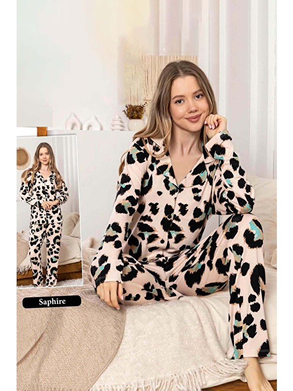 Remsa Kadın Leopar Desen Düğmeli Saphire Pijama Takımı 0368 Toz Pembe