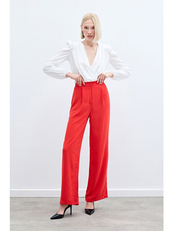 SATEEN Pileli Krep Pantolon - Mercan