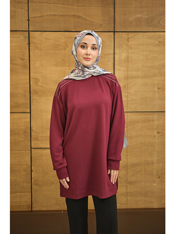 Locco Moda Kadın Bisiklet Yaka Omuz Taş Detay Regular Viskon Tunik Bordo