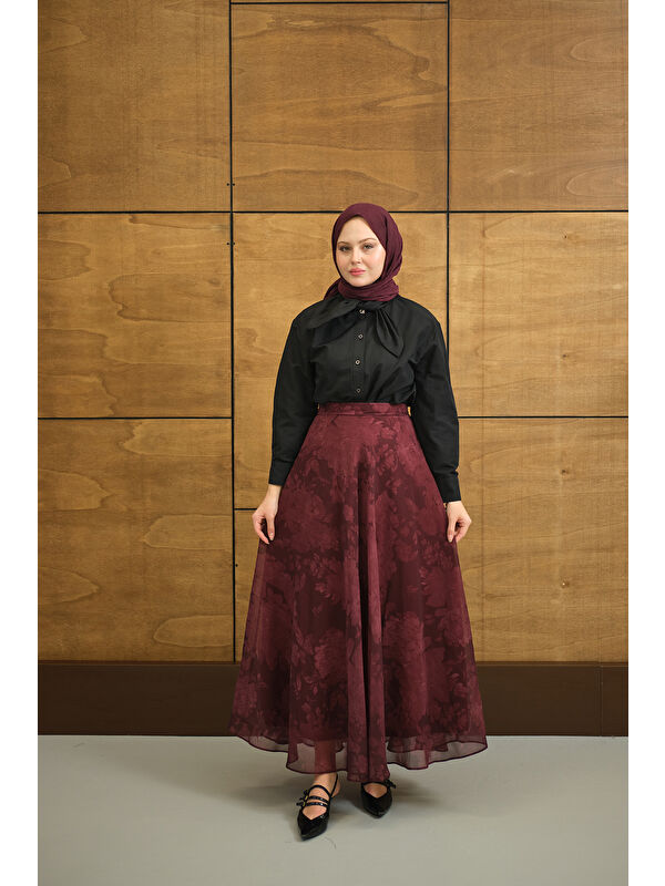 Locco Moda Kadın Çiçek Desen Astarlı Şifon Etek Bordo