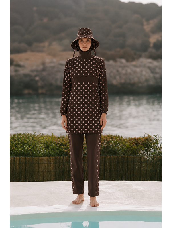 Mevra PEARL DOT | Pudra Puantiyeli Kahve Tesettür Mayo 5 li Set