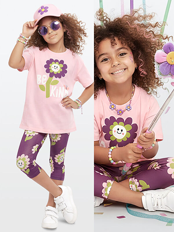 Denokids Pembe Çiçekler Kız Çocuk T-shirt Tayt Takım