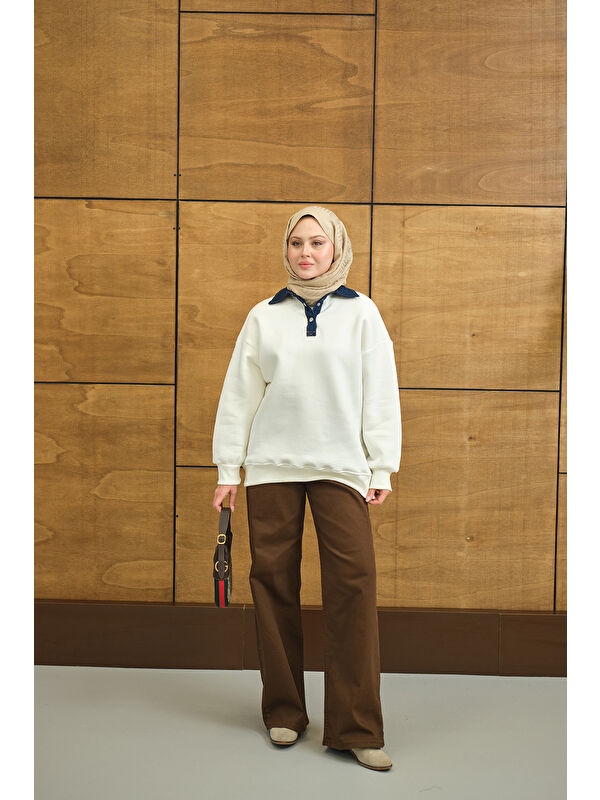 Locco Moda Kadın Yakası Jean Detay Sweat Beyaz