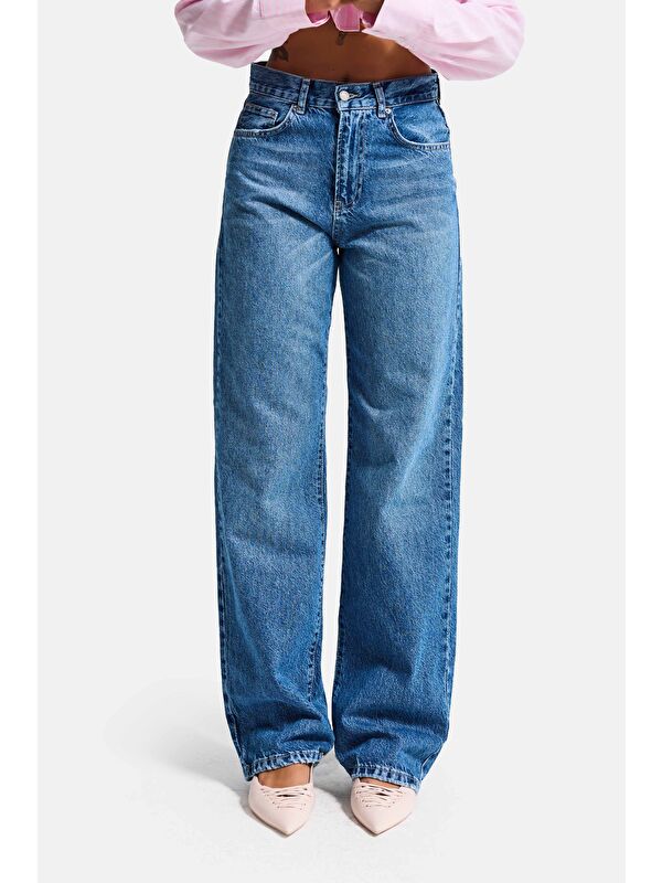It's Basic Kadın Mavi Lora 2s6-4 Loose Fit Orta Bel %100 Pamuk Denim Jean