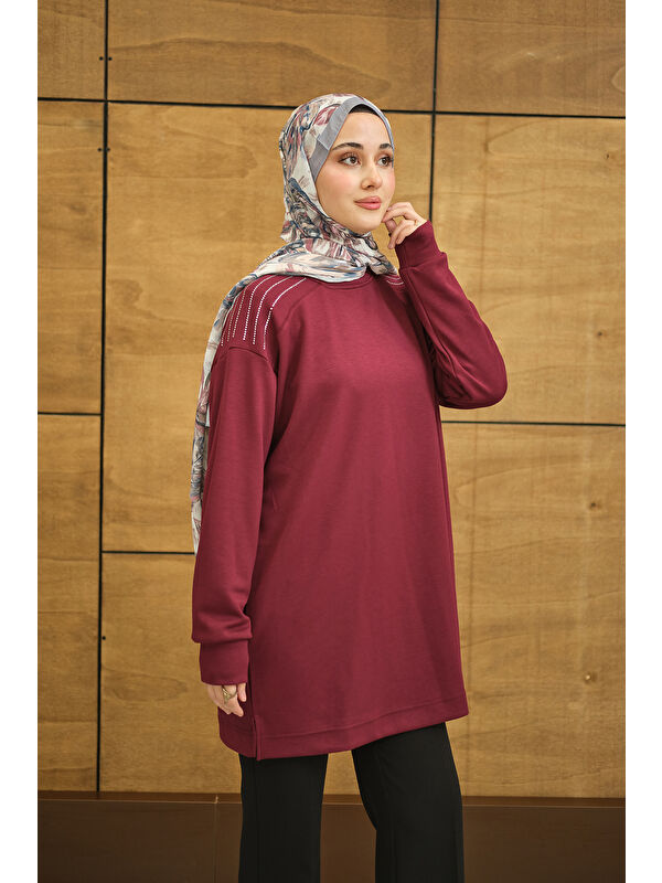 Locco Moda Kadın Bisiklet Yaka Omuz Taş Detay Regular Viskon Tunik Mürdüm