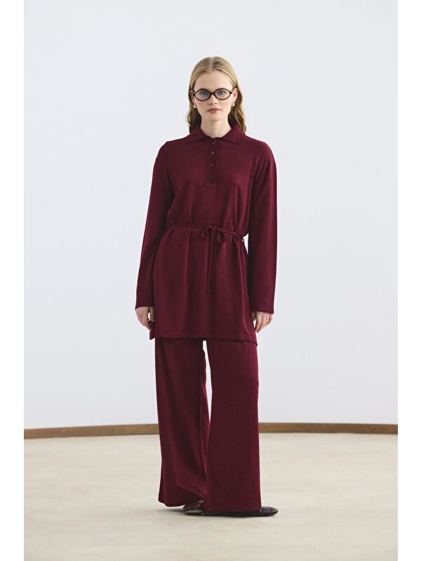 Kadriye Baştürk Polo Yaka İnce Triko Tunik Pantolon Takım Bordo