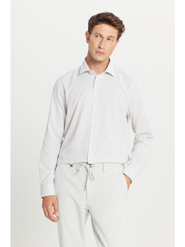 Altınyıldız Classics Erkek Taş %100 Pamuk Tailored Slim Fit Dar Kesim Klasik Yaka Armürlü Gömlek
