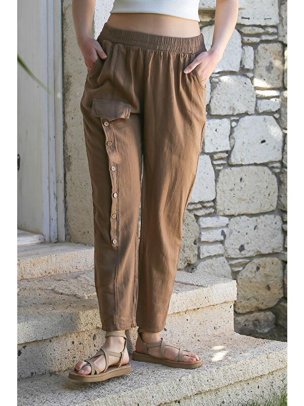 Chiccy Açık Kahve Cepli Yıkamalı Lastikli Bel Jogger Paça Casual Keten Karışımlı Dokuma Pantolon 104 62