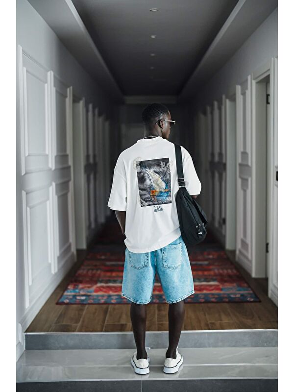Abluka Online Erkek Yelken Desenli Nakışlı Oversize T-Shirt Beyaz