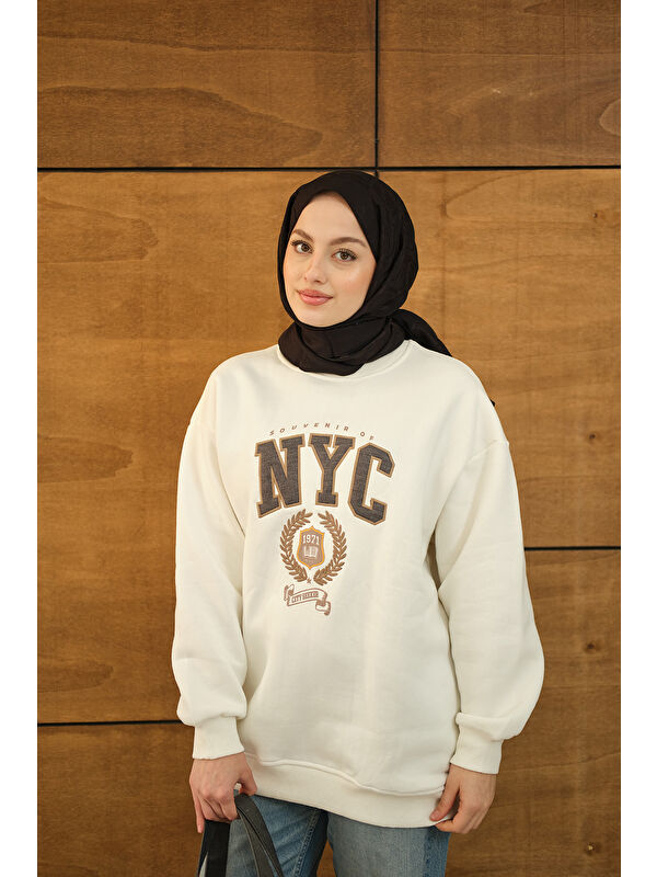 Locco Moda Kadın NYC Baskılı Sweat Beyaz