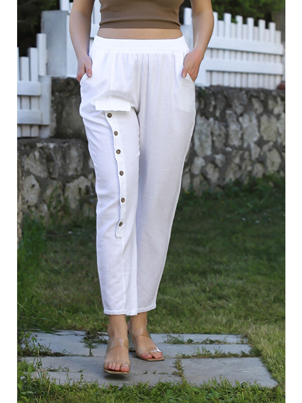 Chiccy Beyaz Cepli Yıkamalı Lastikli Bel Jogger Paça Casual Keten Karışımlı Dokuma Pantolon 104 62