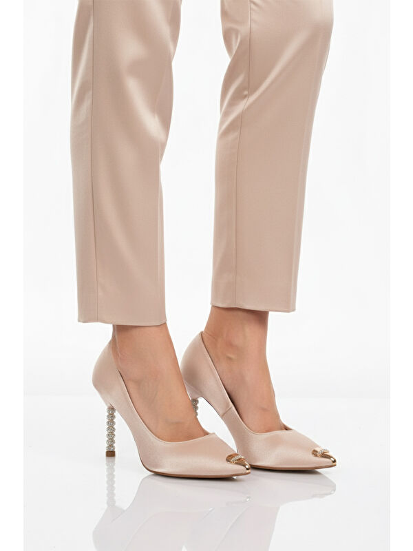 Bej Saten İnce Taşlı Topuklu Kadın Abiye Ayakkabı 357191 Z - Görsel 2
