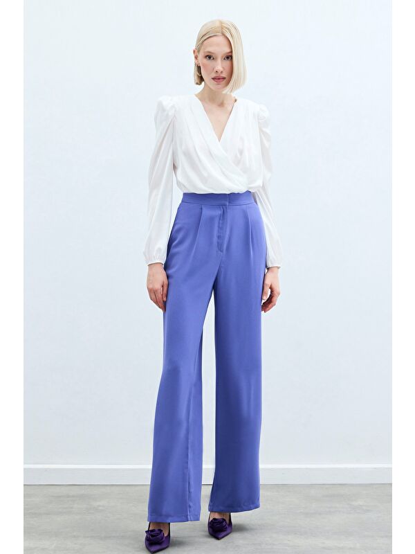 SATEEN Pileli Krep Pantolon - Mor