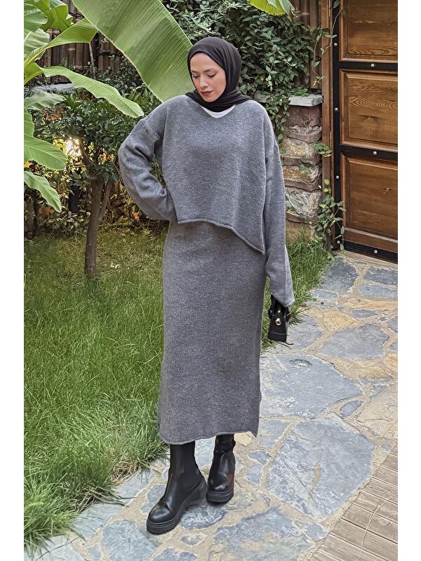 Lamelif Etekli Triko Takım Antrasit