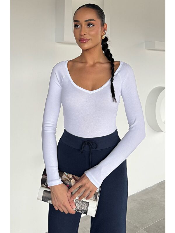 Gülseli Kadın V Yaka Uzun Kol Elastanlı Slim Fit Body Bluz