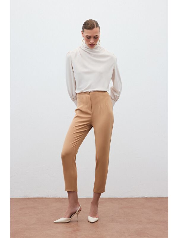 SATEEN Yüksek Bel  Pantolon - Camel