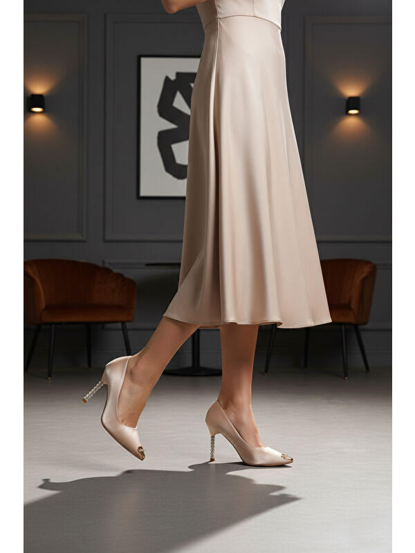 Bej Saten İnce Taşlı Topuklu Kadın Abiye Ayakkabı 357191 Z - Görsel 4