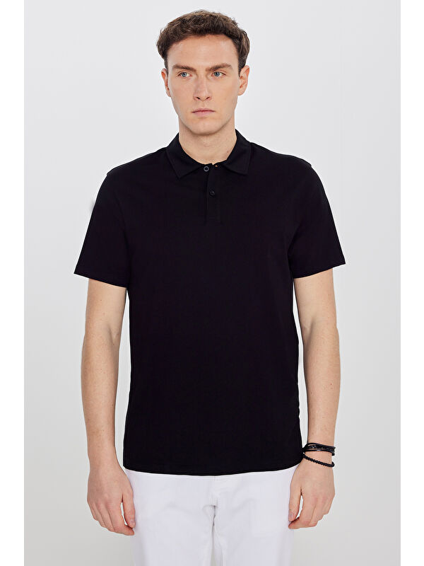 AC&Co / Altınyıldız Classics Erkek Siyah %100 Pamuk Standart Fit Normal Kesim Polo Yaka Tişört