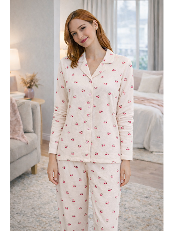 Formo Kadın Desenli Gömlek Yaka Waffle Kumaş Yüksek Kalite Düğmeli Uzun Kollu Pijama Takımı