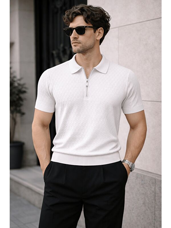 Tarz Cool Erkek Fermuarlı Polo Yaka Triko Tişört Slim Fit Dokulu Yazlık Casual