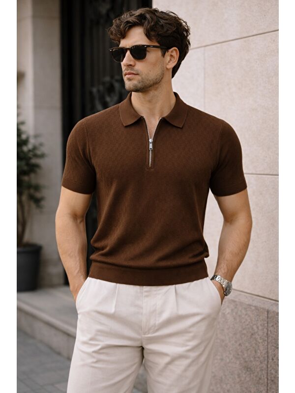 Tarz Cool Erkek Fermuarlı Polo Yaka Triko Tişört Slim Fit Dokulu Yazlık Casual
