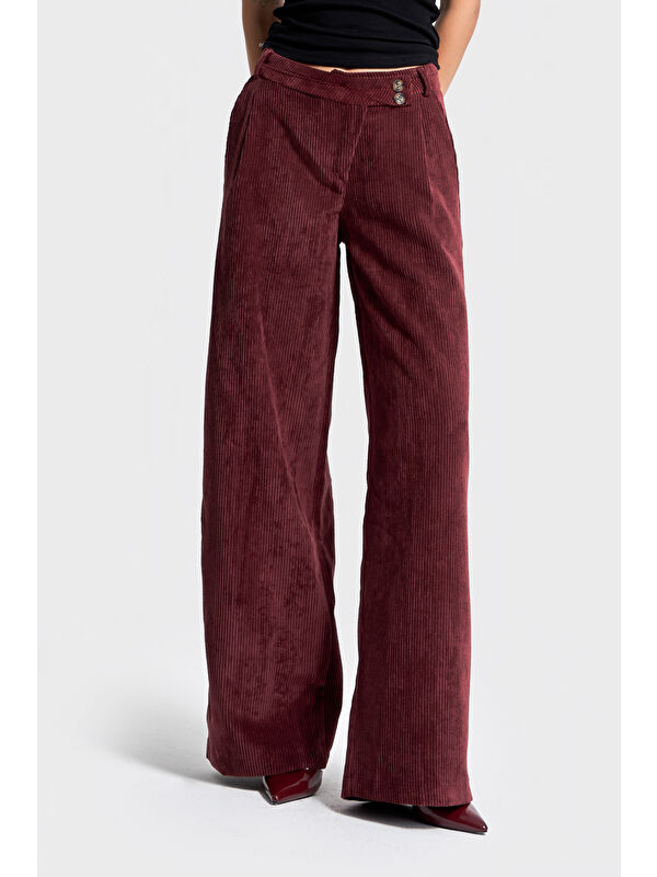 It's Basic Kadın Bordo Renk w5-35 Palazzo Fit Kemer Detaylı Kalın Fitilli Velvet Kadife Kumaş Pantolon