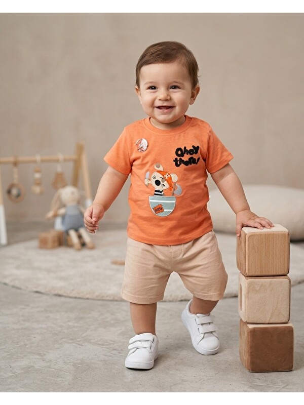 Ege Bebek Erkek Bebek Yazlık Nakışlı Şort T-shirt 2'li Takım