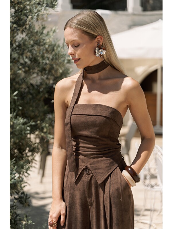 Bohemai Bhioctoria Kahve Straplez Crop Pantolon Takım