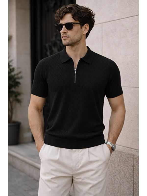 Tarz Cool Erkek Fermuarlı Polo Yaka Triko Tişört Slim Fit Dokulu Yazlık Casual