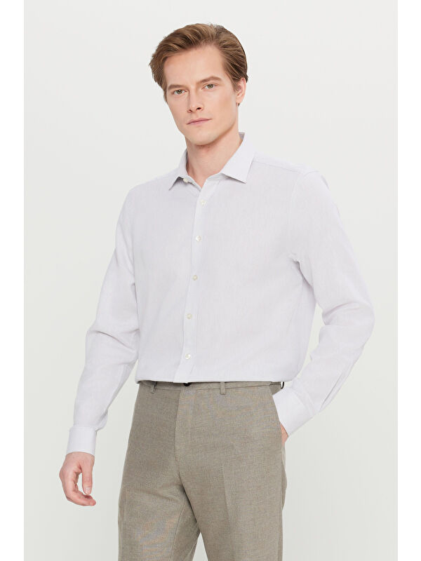Altınyıldız Classics Erkek Gri %100 Pamuk Tailored Slim Fit Dar Kesim Klasik Yaka Armürlü Gömlek